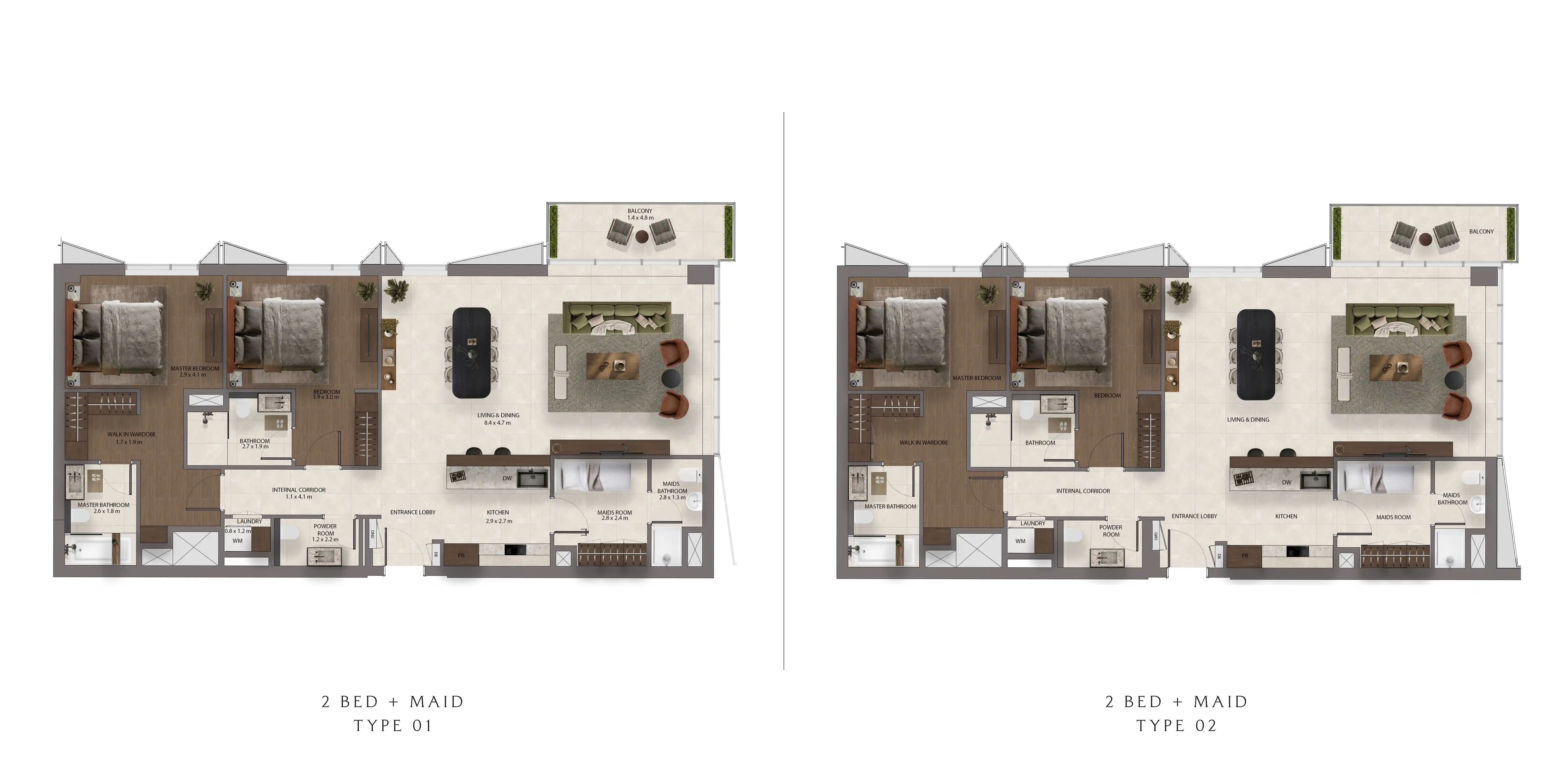 2 Bedroom + Maid Floor Plan
